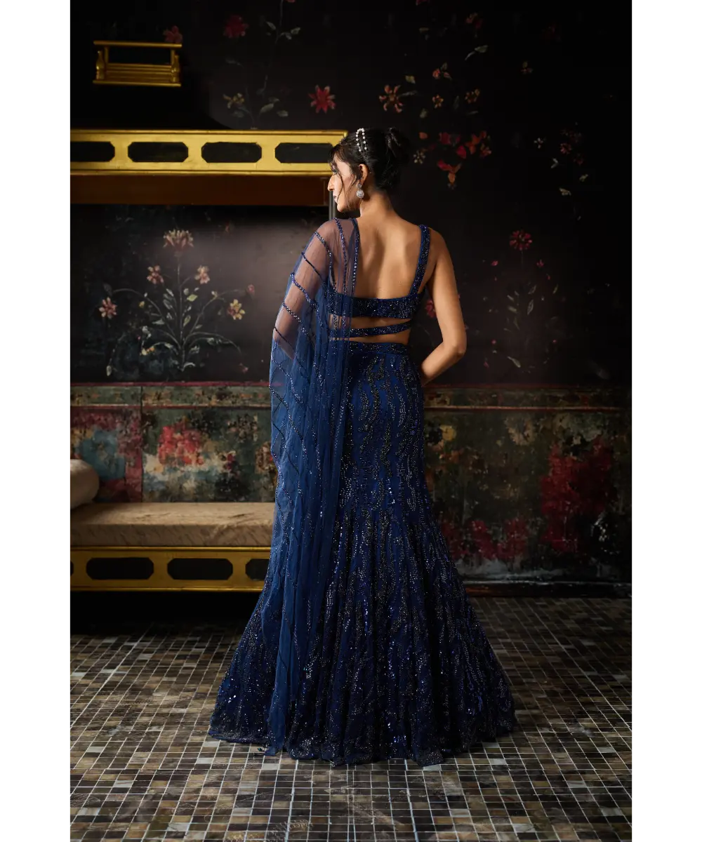 DIYARAJVVIR - DARK BLUE EMBELLISHED MERMAID SKIRT SET